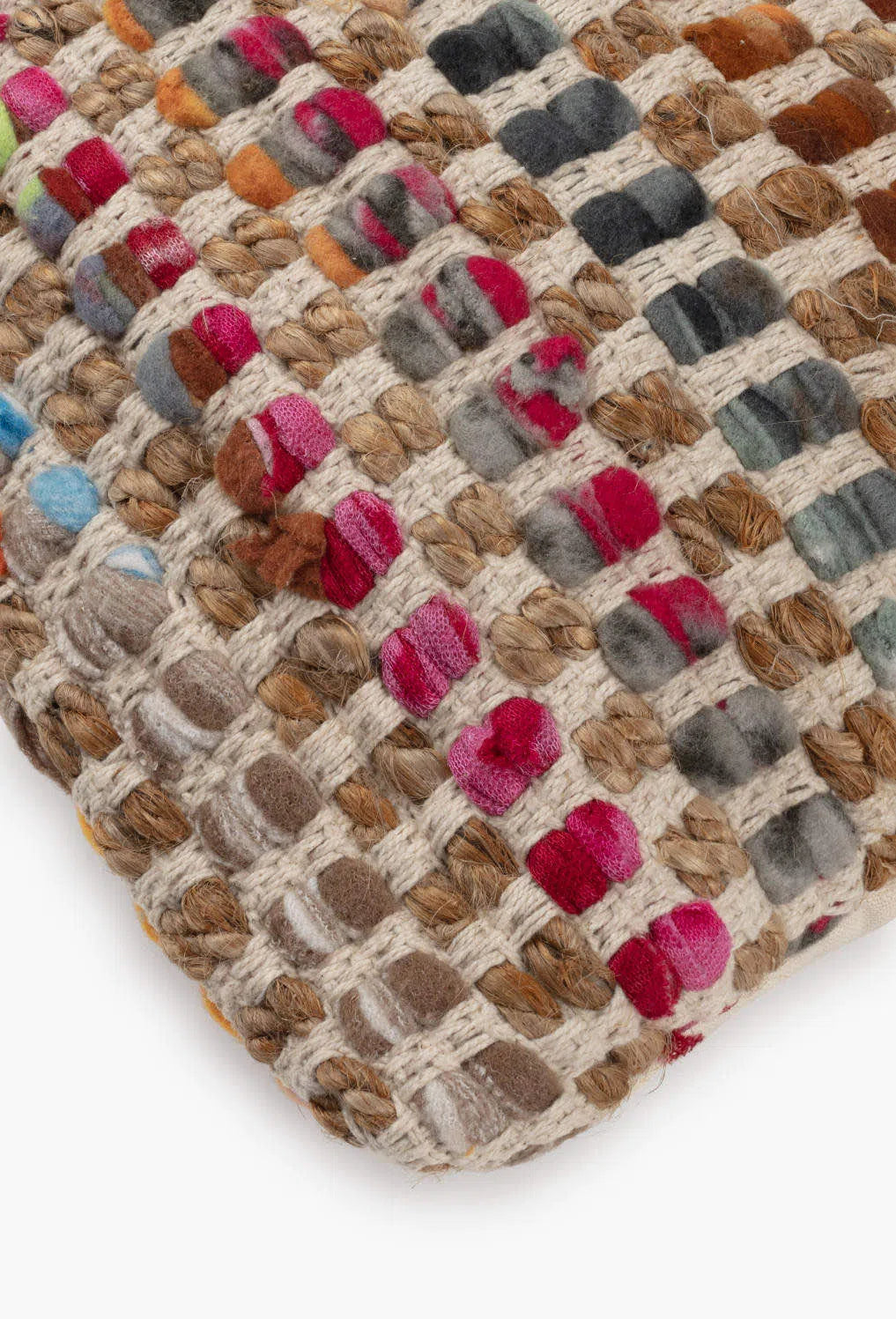 Housse de coussin rectangulaire en fibres synthétiques et jute multicolore, tressée à la main